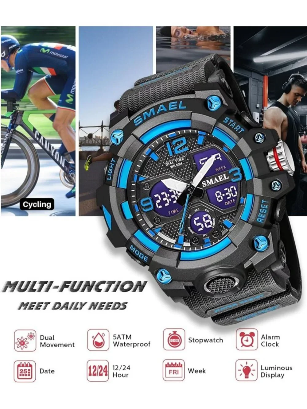 Men's Blue Analog Quartz S-Shock Waterproof Outdoor Sports LED Digital Watch